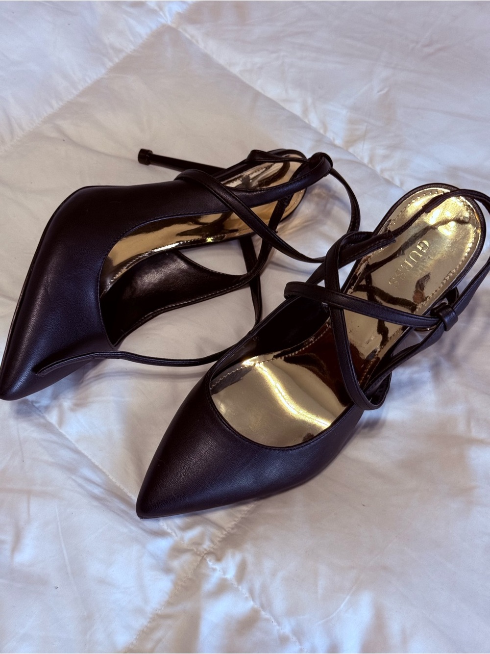 Guess Black Pointed Toe Crisscross Slingback Heels